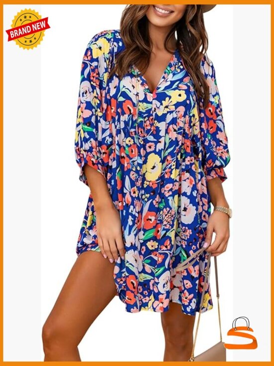 Dresses & Skirts - V-Neck Floral Mini Tunic Dress with Puff Sleeves Bohemian